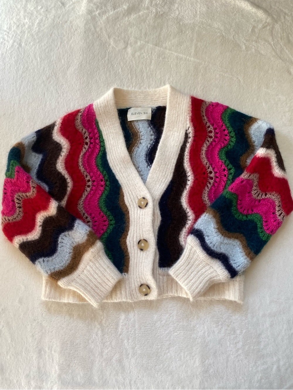 Eleven Six Chunky Knit Cardigan Sweater Wavy Stripe Retro Alpaca Wool XS/S